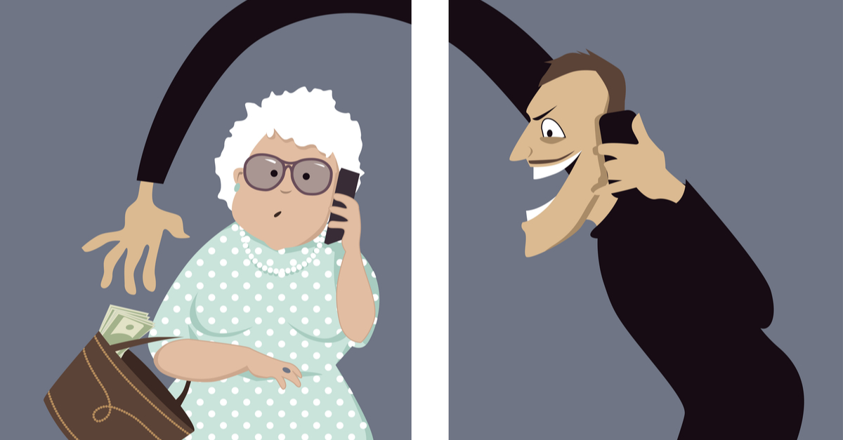 Scammer talks on a phone with a senior woman and trying to steal money out of her purse, vector illustration, no transparencies, EPS 8